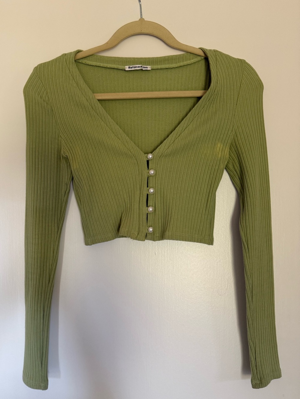 Reformation green pearl button cardigan